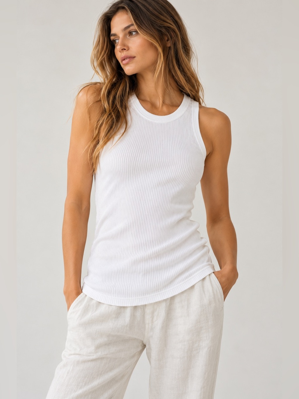 James Perse White Ribbed Crew Neck Tank Top NWT Size 4 Made USA $95